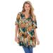 Plus Size Women's Short-Sleeve Angelina Tunic by Roaman's in Orange Painted Flowers (Size 22 W) Long Button Front Shirt