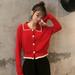 Fashion Lapel Ruffled Cardigan Stitching Long-sleeved Knit Sweater Women Button Cardigan