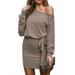 Avamo Women Fashion Vintage Slim Dress Ladies Long Sleeve One shoulder Tunic Belt Ribbing Knit Dress