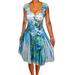 Funfash Plus Size Women Empire Waist White Blue Floral Swing Cocktail Dress