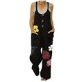 Loliuicca Womens Cotton Linen Wide Leg Baggy Bib Overalls Boho Daisy Floral Loose Jumpsuits Rompers Harem Pants with Pockets