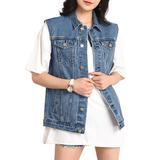 Women's Loose Sleeveless Button up Jean Denim Jacket Vest, Blue, Small