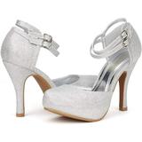 Dream Pairs Women Double Ankle Strap High Heel Shoes Almond Toe High Heel Dress Shoes Office-02 Silver Size 5
