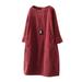 Winnereco Women Solid Color O-neck Dress Pocket 3/4 Sleeve Dresses (Red 5XL)