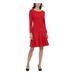 TOMMY HILFIGER Womens Red Zippered Long Sleeve Jewel Neck Knee Length Fit + Flare Party Dress Size 18