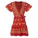 Women Bohemia Dress Floral Pattern Short Sleeve Deep V-Neck Waist Design Outfit
