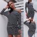 Women Long Sleeve Striped Crew Neck Lace Up Bodycon Cocktail Evening Party Dress