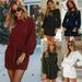 WomenÂ´s Round Neck Puff Sleeve Belted Tie Knot Front Tunic Pencil Dress Long Sleeve Casual Party Knit Dress