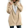 Women's Hooded woolen Fluffy Fleece Cardigan Long Sleeve Sweater Pocket Coat Jacket