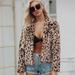 Women Faux Fur Jacket Coat Leopard Print Warm Fleece Long Sleeves Notched Lapel Collar Vintage Furry Casual Overcoat Outwear