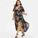 Fashion Women Short Sleeve Floral Printed Bell Sleeve High Low Maxi Dress