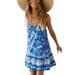 UKAP Women O-Neck Sleeveless Strappy Dress Ladies Summer Boho Floral Printed Ruffle Hem Sundress Blue M(US 6-8)