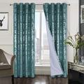 always4u Soft Velvet Curtains 100% Blackout for Window for Bedroom Thermal Silver Foil Printed Shining Luxury Window Treatment Drapes for Living Room 1 Pair Teal 66 * 54