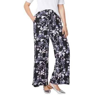 Plus Size Women's Wide-Leg Soft Pants with Back Elastic by ellos in Navy Floral Print (Size L)