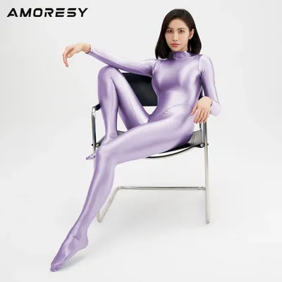 AMORESY-Manga Long Corpo Brilhant Sexy Nik Collant Suave Macacão Yoga Zentai Casual
