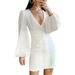 AngelBee White Dress Women Puff Sleeve Deep V Neck Autumn Mini Short Dress (S)