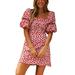 Womens Floral Short Puff Sleeve Summer Beach Sundress Party Slim Fit Mini Dress