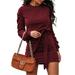 MISOWMNJOY Women Long Sleeve Short Dress Crew-neck Sweater Plain Short Dress with Belt