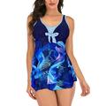 Mid-Ten Plus Size Women Blue Printed Swimsuit Swimdress With Swim Shorts Bottoms Boyshorts Swimwear Ladies Beachwear Swimming Suit Bathing Suit Push Up Bra Tummy Control Tankini Sets XXXL-L