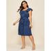 Women's Plus Size Button Front Ruffle Trim Belted Dress