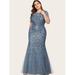 Women's Plus Size Sequin Plants Detail Mesh Prom Dress