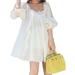 Women's Casual Half Puff Sleeve Pleated Midi Dresses Solid Color Summer Dress