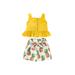 Calsunbaby Summer Little Girls Set Solid Color Sleeveless Square Neck Button Trim Ruffle Design Top Pineapple Print Elastic Shorts Fashion Suit
