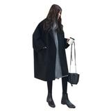 Women Autumn Winter Elegant Coat Mid-length Lapel Solid Color Loose Woolen Casual Long-sleeved Trench Black XL