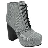 Delicious Women Chunky Thick High Heels Ankle Boots Hidden Platform Lace Up Side Zipper Booties Erica-S Black White Plaid 7