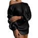 Birdfly Women Solid Lantern Sleeve Off Shoulder Long Sleeves Sweater Dress