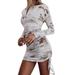 Forzero Spring and summer ladies sexy round neck printed ruffled tie long-sleeved dress, printed ruffled tie long-sleeved slim women's casual fashion dress