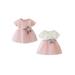 Miyanuby Children Girls Knitted Rose Decoration Net Yarn Dress Infant Cotton Cute Mesh Stitching Bottoming Short Sleeve Sweet Princess Dress Newborn Toddler Mesh Tutu Dress Birthday Party Clothes