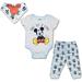 Disney Mickey Mouse 3 Pack Jogger, Onesie and Bib Set, Sleepwear Bodysuit Bundle for Baby, Size 9M Grey