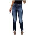 Mnycxen Womens Casual Jean Shorts Women High Waisted Skinny Hole Denim Button Stretch Slim Pants Calf Length Jeans