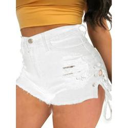 Women's Low Waist Perfect Butt-Lifting Ripped Destroyed Hole Fringed Denim Short Drawstring Side Split Slit Lace Up Jeans Pants