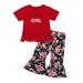 Cathery Toddler Girls Clothes Set,Print T-shirt with Tassels+Flare Trousers