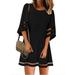 Women 3/4 Bell Sleeve Mesh Panel Tunic Dress Scoop Neck Loose Swing Shift Dresses Summer Casual Beach Holiday Loose Tops