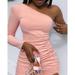 Women's Sexy One-shoulder Long Sleeve Dress Pink Ruffled Bodycon Dresses S-XL