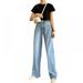 Women's High Waist Boyfriends Jeans Wide Leg Denim Long Pants with Pockets Light Blue