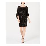 CALVIN KLEIN Womens Black Sequined Bell Sleeve Jewel Neck Above The Knee Sheath Cocktail Dress Size 8