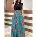 Women's Summer Print Patchwork Long Dress Casual Short Sleeve Crewneck High Waist Elegant Beach Maxi Party Dress