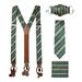 Jacob Alexander Woven Double Stripe Men's Suspenders Slim Neck Tie and Adult Face Mask Pocket Square Set - Hunter Green Gold