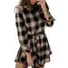 STARVNC Women Plaid Printed Lapel Collar Buttons Waistband Mini Dress