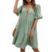 Promotion Clearance Summer New Dress Loose Casual Dress 5 Points Sleeve Long V Neck Dress for Women Green M