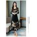 Woman Round Neck Leisure Dress Long Sleeves Dress with Floral Printed Party black L