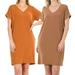 Women & Plus Rolled Short Sleeve V-Neck Tunic Midi Dress (ALMOND/COCOA, X-Large)