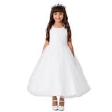 White Pleated Bodice Floral Applique Junior Bridesmaid Dress Big Girls