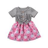 Hirigin Girls Easter Dress, Bunny Floral Print Dress, Short Sleeve Dress