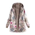 AngelBee Winter Warm Hooded Jacket Leaf Floral Print Velvet Outwear Coats (Rose 4XL)