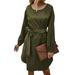 STARVNC Women Adjustable Waistband Solid Color Crew Neck Long Sleeves Midi Dress